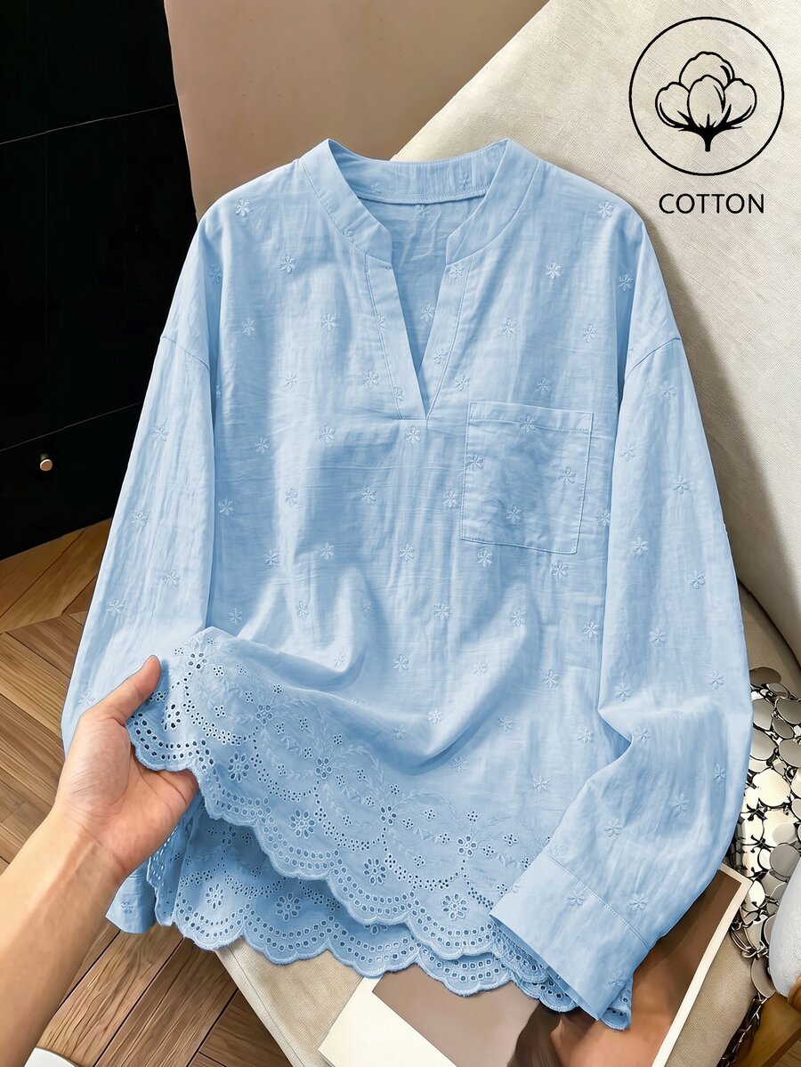Franclia Fashionable Autumn Daily Casual Versatile Solid Color Embroidered Traceable Pure Cotton Fabric Chest Pocket Minimalist Design Loose Fit Pullover Women's Shirt - Blue - View 1