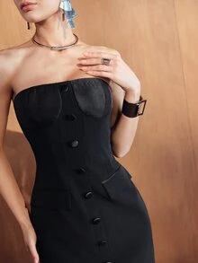 MOTF PREMIUM STRAPLESS FITTED CUT-OUT PATCHWORK LIGHT EVENING DRESS - Black - View 7