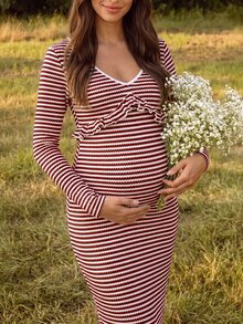 Boho Mama 孕婦條紋V領長袖荷葉邊修身側開衩洋裝 秋季鄉村西式風 - 酒紅色 - 查看 1