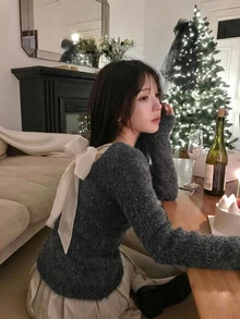 DAZY 女款蝴蝶結綁帶長袖拼色韓風針織衫 - 灰色 - 查看 3