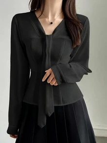 DAZY 女款極簡百搭長袖襯衫，適合商務辦公 - 黑色 - 查看 4