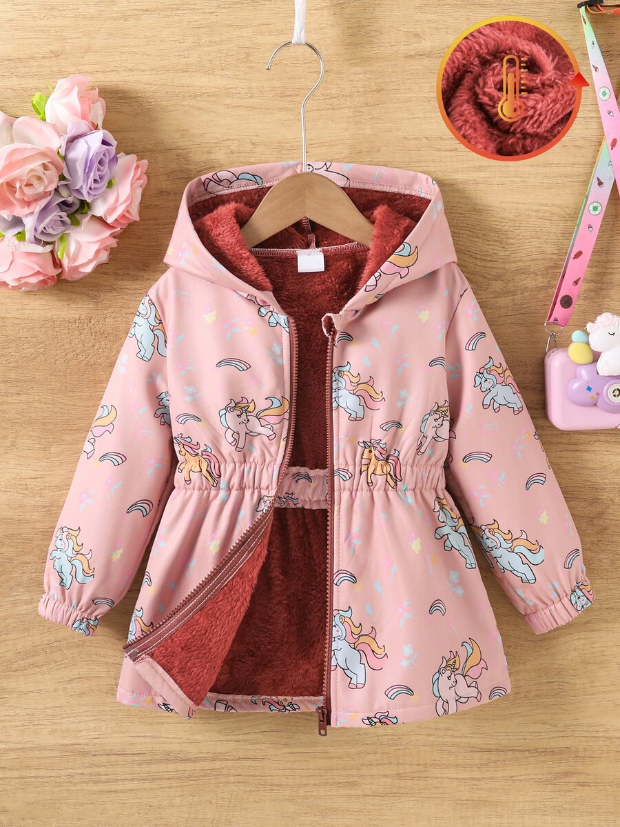 SHEIN 女童獨角獸印花連帽抓絨內裡夾克,拉鍊式彈性腰圍保暖外套,長袖休閒秋冬外套 - 粉色 - 查看 1