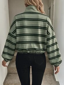 Easowa 女款條紋落肩長袖拉鍊休閒運動衫 - 綠色 - 查看 5