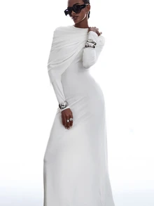 LYSMO Women's Designer Fashion Pleated Cape Dress Dinner Party White Elegant - White - View 6