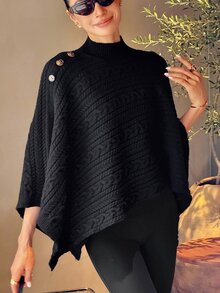 DAZY Women's Cable Knit High Neck Button Knit Top Streetwear - Black - View 8