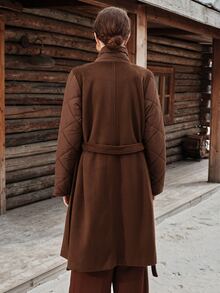 Anewsta Winter Coffee-Colored Wool Blend Patchwork Padded Long Coat With Stand Collar - Coffee Brown - View 7