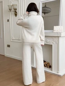 Feyla Women's Solid Color Turtleneck Long Sleeve Sweater And Knitted Pants Casual Set - Apricot - View 6