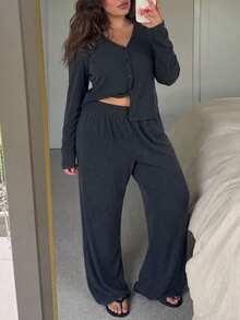 Dazy Plus 2pcs/Set Minimalist Casual Solid Color Thickened Autumn/Winter New Long Pants Home Wear Pajama Set - Dark Grey - View 4