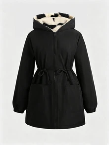 SHEIN 少女休閒愛心印花保暖內裡連帽派克夾克外套，秋冬返校季適用 - 黑色 - 查看 4