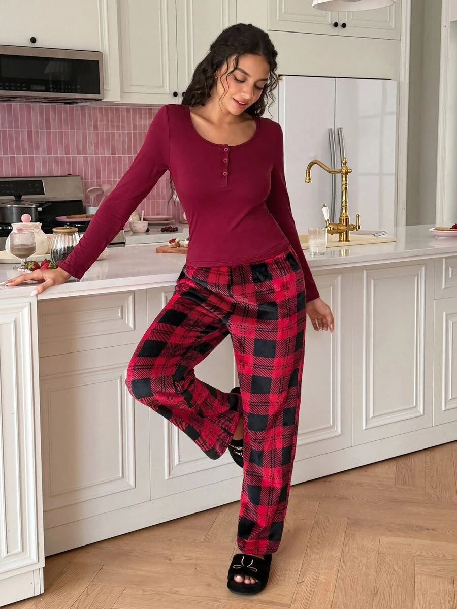 SweetSlumber Women's Casual Home Plaid Long Sleeve Pants Pajama Set - Red - View 1