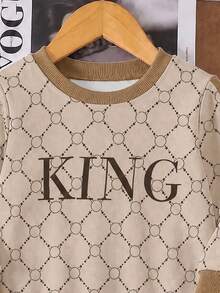 2pcs/Set Letter Pattern All-Over Print Apricot Crew Neck Sweatshirt & Sweatpants Set For Boys - Black - View 4