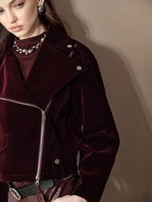 MOTF PREMIUM VELVET MOTORCYCLE LAPEL EPAULETTE WIDE SHOULDER LOOSE FIT CROPPED JACKET - Burgundy - View 2