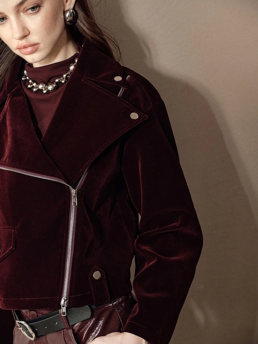 MOTF PREMIUM VELVET MOTORCYCLE LAPEL EPAULETTE WIDE SHOULDER LOOSE FIT CROPPED JACKET - Burgundy - View 2