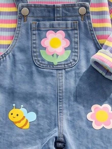Cozy Pixies Baby Girl Floral Pattern Casual Daily Innovative Cup Strap Denim Jumpsuit - Blue - View 8
