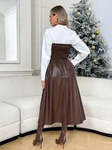 Easowa Casual Sexy Relaxed Elegant Commute Metal Buckle Ruched A-Line Umbrella Skirt PU Leather Strapless Dress Cocktail Night Out Fall Women's Mid-Length - Brown - View 6