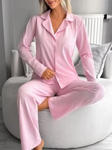 SHEIN Women Binding Detail Short Sleeved & Long Bottom Homewear Pajama Set - Pink - View 6