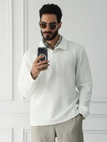 HUEFORM 秋冬男士老錢風白色 Polo 衫，針織幾何紋理面料，長袖翻領設計，修身版型 - 杏色 - 查看 1