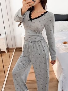 Napfluff Set Pakaian Santai Wanita Musim Gugur/Dingin, Motif Pita, Hiasan Renda Kontras, Leher V, Set Pakaian Rumah Nyaman, Cocok untuk Dipakai di Luar Ruangan - Grey - View 5