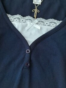 Girlism 青少年女孩秋冬針織皇家藍與白色拼接休閒長袖T恤 - 藍白色 - 查看 4