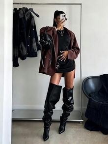 StreetHx 女款街頭次文化龐克鉚釘裝飾寬鬆休閒極簡嘻哈街頭風西裝外套 夜店外訪黑白夏季萬聖節 - 鏽棕色 - 查看 3