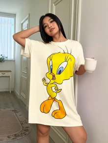 LOONEY TUNES X SHEIN 大尺碼可愛卡通印花短袖睡裙 - 杏色 - 查看 5