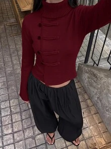 SHEIN BAE 橄欖綠女款鈕扣開襟針織外套 2026年秋季休閒V領長袖夾克 適合辦公室、週末早午餐，可搭配牛仔褲穿搭 - 酒紅色 - 查看 1