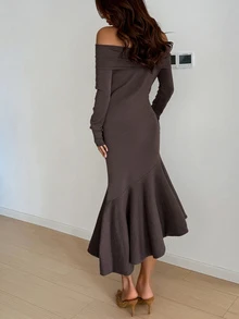 Livesso Women's Solid Color One-Shoulder Long Sleeve Fashion Mermaid Hem Elegant Knit Dress - Coffee Brown - View 2