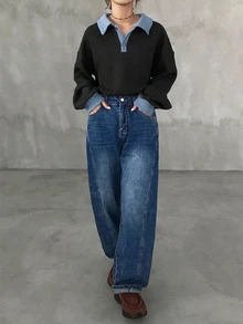 FRIFUL 女款韓式風格秋季拼色厚實華夫格針織T恤 - 黑色 - 查看 6
