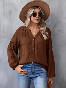 SHEIN LUNE Notched Neckline Lantern Sleeve Blouse,Casual - Brown - View 5