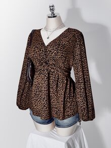 SHEIN ICON Women's Plus Size Leopard Print Knot Front Blouse - Brown - View 4