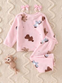 2pcs Baby Girl Comfortable Soft Plush Pink Cute Bear & Pony Animal Print Crew Neck Long Sleeve Pants Pajama Set - Pink - View 3