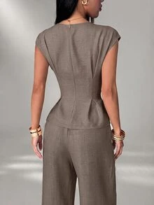 SHEIN PETITE Women's Solid Color Pleated Top And Pants Casual Daily 2 Pieces Set - Coffee Brown - View 2