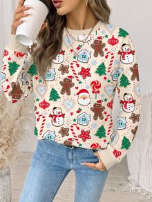 EMERY ROSE Women's Thick Santa Claus & Gingerbread Man Print Crew Neck Long Sleeve Sweatshirt Sweatshirt - White - View 5