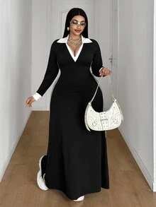 Maweii Plus Size Women's Casual High Elastic Knit Fabric A-Line Long Sleeve Dress, Side Color Block Ribbon Design, Fashionable And Versatile, Suitable For Daily Outings And Street Wear, Slimming Dress, Fashionable And Versatile, Suitable For Outings, Parties, Gatherings, Dates, Romantic Music Festivals And Other Occasions. - Black - View 3