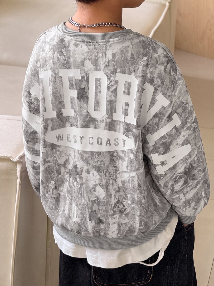 SHEIN Little Byeori 兒童 1件小男孩字母圖案加厚秋季衛衣，學院風寬鬆版型冬季 80年代返校時尚舒適休閒套頭衫 - 彩色 - 查看 1