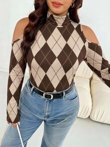 Shapeblank Casual Minimalist Slim Fit Cold Shoulder Plus Size High Neck Plaid Print T-Shirt Autumn/Winter - Multicolor - View 3