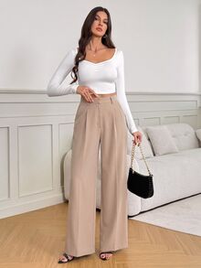 SHEIN Tall 女款黑色高腰寬腿長褲，優雅商務休閒上班西裝褲，高挑百搭純色秋冬老錢風正裝褲 - 駝色 - 查看 8