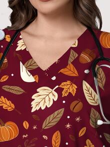 PopScrub Pumpkin Leaf Coffee Print Khaki Plus Size Nurse Uniform, V-Neck Short Sleeve Pocket Split Workwear Top, All Seasons Inner & Outerwear, Autumn Vibe - Multicolor - View 3