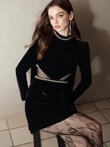 MOTF PREMIUM BEADED RHINESTONE ROUND NECK EXPOSED WAIST PETAL SLEEVE VELVET SHORT DRESS - Black - View 5
