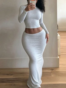 INAWLY Solva Women's Solid Color Round Neck Long Sleeve Cropped T-Shirt And Skirt Casual 2 Pieces Set - Grey - View 3