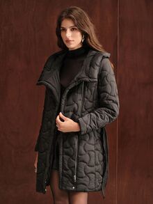 Anewsta Jaket Musim Dingin Wanita Lengan Panjang dengan Resleting Depan dan Tudung, serta Jahitan Quilted. - Hitam - View 4