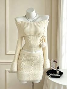 Elamini Women's Autumn/Winter Off-Shoulder Pom Pom Knit Top & Bodycon Fuzzy Patchwork Skirt - Apricot - View 8