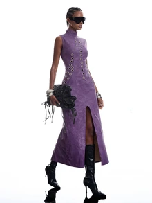 LYSMO Gaun Panjang Wanita Tanpa Lengan dengan Desain Eyelet dan Belahan di Bagian Bawah, Kerah Tegak - Purple - View 6