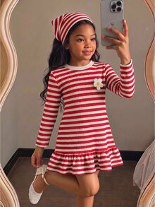 SHEIN 女童圓領咖啡色與白色條紋拼接3D花朵休閒度假旅行長袖洋裝 秋季長袖上衣 - 紅色 - 查看 6