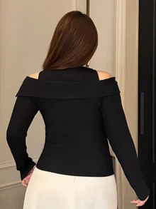 Dazy Plus Korean Style Solid Color Faux Two Pieces Cold Shoulder Slim Fit Fashion T-Shirt Black Spring/Autumn - Black - View 2