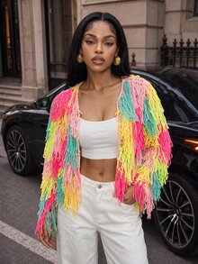 BamGleam Autumn/Winter Fashion Pure Handmade Crochet Tassel Cardigan Long Shirt - Multicolor - View 5