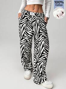 SHEIN EZwear Women's Zebra Print Casual Daily Wear Long Pants - Black and White - View 1