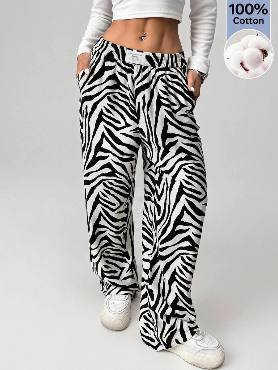 SHEIN EZwear Women's Zebra Print Casual Daily Wear Long Pants - Black and White - View 1