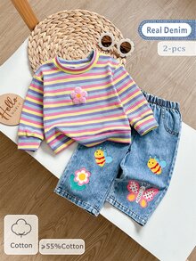 2件組女嬰彩色條紋圓領長袖套頭上衣與花卉蜜蜂蝴蝶圖案牛仔褲套裝 - 彩色 - 查看 1