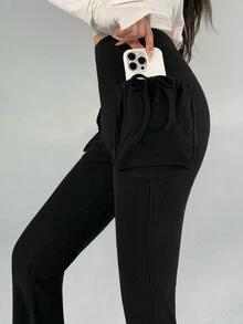 DAZY Women's Fashion High Waist Pocket Flared Leg Athletic Pants - Black - View 5